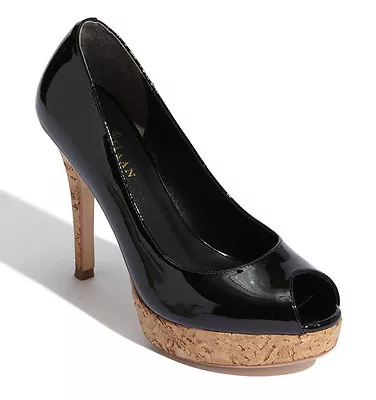 NIB COLE HAAN Air Mariela Black Patent/Cork Platform Peep-toe Pump Heel Size 7 B • $119.99