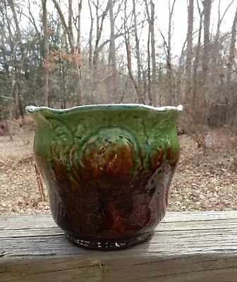 Vintage Art Pottery Green And Brown Majolica Jardiniere Planter 6-1/4  Tall • $59.99