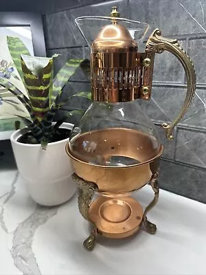 Vintage Copper Brass Coffee Carafe Glass Pot With Warmer Stand • $25