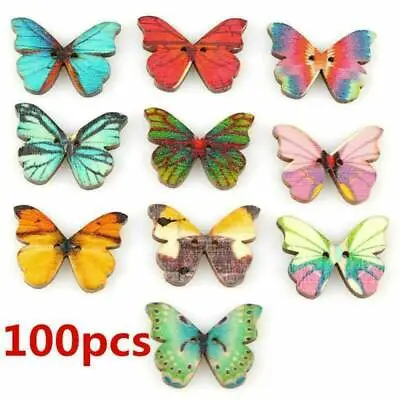 100 Pcs Mixed 2-Holes Butterfly Shape Wooden Sewing Buttons Scrapbooking Crafts • $5.30