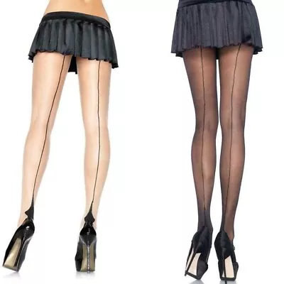 Sexy Sheer Contrast Cuban Heel Seamed Pantyhose Vintage Fully Fashioned Tights • £7.99