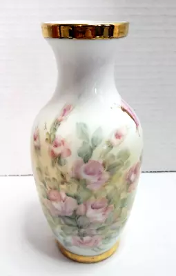 Vintage Artist Signed Hand Painted Pink Roses/butterfly Gold Rim 7  Vase • $26