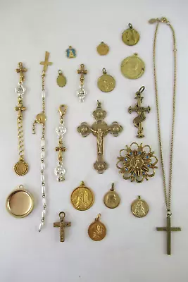 Catholic Religious Cross Rosaries Rosary Pins Medals Charms Gold Lot 20 Vintage • $39.10