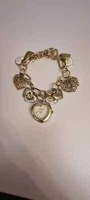 Ladies Strada Gold Coloured Heart Charm Bracelet Style Watch • £12