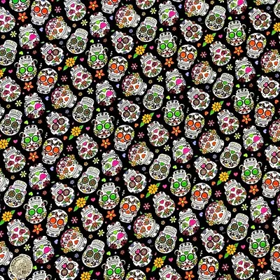 £6 • Buy 100% Cotton Fabric John Louden Tossed Skulls Floral Mexican Candy Skull 150cm W