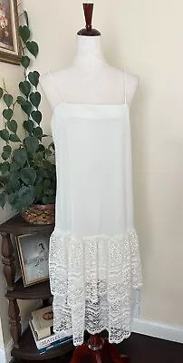 Vintage 60s Ivory Cream Lace Cami Tea Length Dress Tiered Lace Drop Waist • $49.99