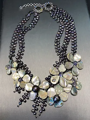 Siman Tu NYC Y2K Vintage Black Mother Of Pearl Abalone Flower Fringe Necklace 18 • $990