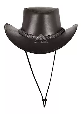 Australian Western Style Cowboy Brown Hat Real Leather With Chin Strap Hat H-180 • £19.99