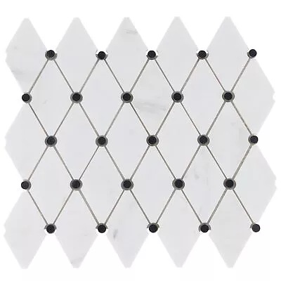 White Cararra Stone W/ Black Marble Dot Insert Mosaic Tile Kitchen Backsplash • $4.99