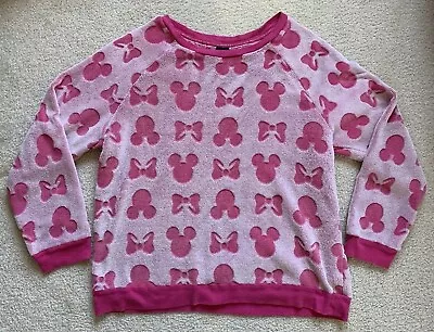 Disney Minnie Mouse Fleece Sweatshirt Women’s Sz L Pink Plush Pullover Ears Bows • $19.99