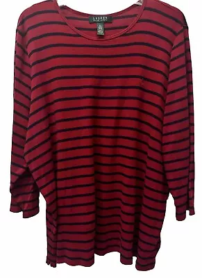 Lauren Ralph Lauren Top Women’ Plus 3X Red Pullover 3/4 Sleeve Blue Stripe Tee • $17.50