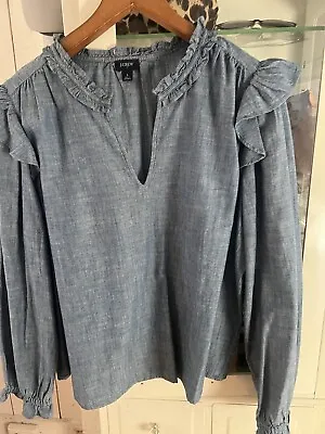 JCrew Chambray Ruffle Long Sleeve Denim Women's Shirt XL Good Cond • $9.99