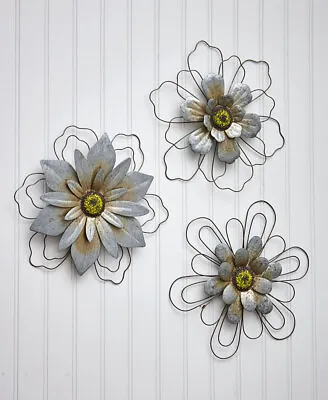 Set Of 3 Rustic Hanging Wall Flowers Galvanized Metal Wire Floral Sculpture • $18.99