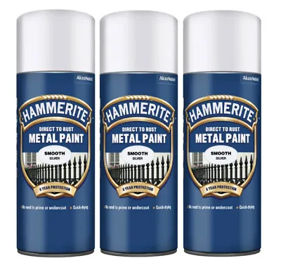 3 X Hammerite Smooth Metal Spray Paint 400ml - Smooth Silver . New ! • £30.95