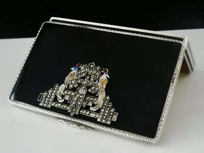 £695 • Buy Sterling Silver Marcasite Enamel Box, London 1929, Peacock Decorated