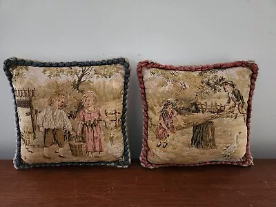 2 Vintage French Country Style Tapestry Pillows 8x8in Pastoral • $15.29