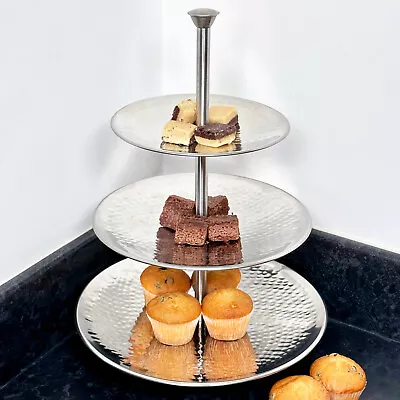 Hammered 3 Tier Cake Stand Stainless Steel Snack Food Party Kitchen Tableware • £16