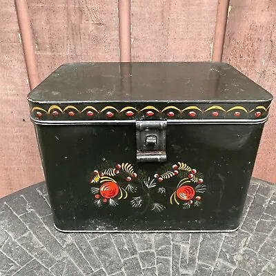 Vintage Tin Toleware Bread Storage Box W Painted Flowers • $59.99