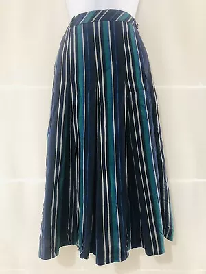 Vintage Skirt Blue Teal Striped Retro Landhaus Midi 100% Cotton Retro Size 10  • £19.54