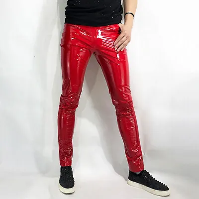 Mens Shiny Metallic Faux Leather Pants Skinny Stretch Trousers Clubwear Slim Red • $40.96