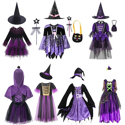 Girls Halloween Witches Hat Fancy Dress Costume Witch Outfit Kids Cosplay Party • $36.07