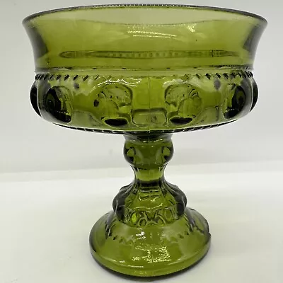 Vintage Indiana Glass Kings Crown Thumbprint Green Compote Footed Dish (w/chip) • $7.50