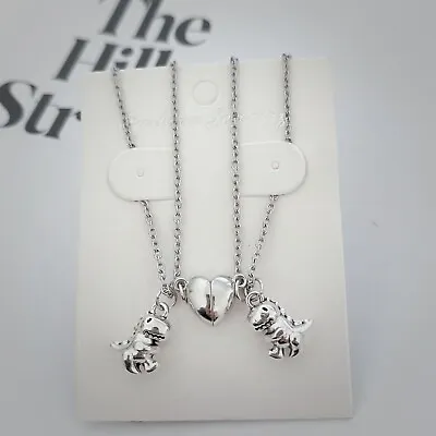 2 Pcs Magnet Heart Best Friend Lover Couple Dinosaur Friendship Necklace Gift • £4.49