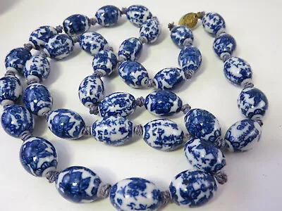 Chinese 32 Inch Vintage Blue White Beads Enamel Porcelain Necklace HAND PAINTED • $29
