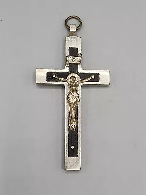 Vintage Crucifix INRI Jesus Christ  Pectoral  Cross Ebony Inlaid Wood Germany  • $15