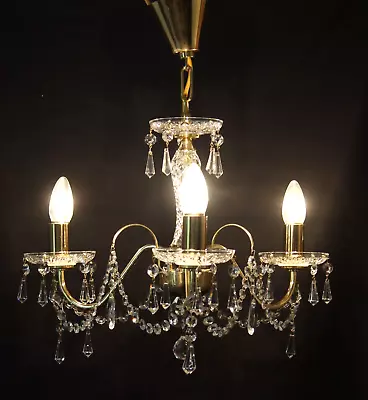 Elegant 3 Light Chandelier In Brass With Swags And Drops Of Crystal Beads • £35.95
