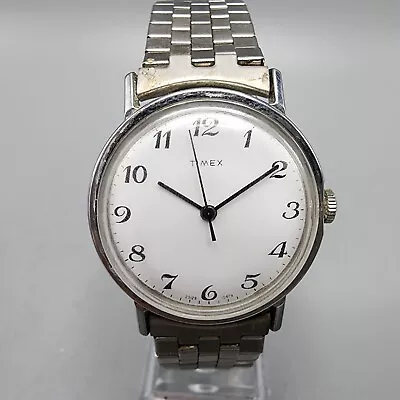 VTG Timex Viscount Watch Men 34mm Silver Tone White Dial Manual Wind Round Runs • $39.99