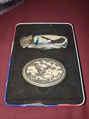 Men's Belt Buckle Flying Eagle Over Mountains Scrimshaw With Pocket Knife • $25