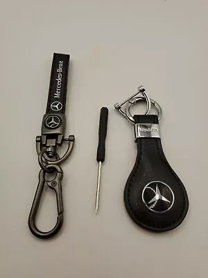 Mercedes Benz Leather Strap Gunmetal & Round Chrome Key Chain Black Set Of 2 • $19.95