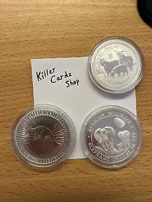 3 X Silver Coins 1oz .999. Total 2.5oz Elephant Kangaroo Goat • £58.64