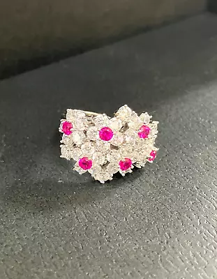 Charles Winston Ruby & White Flower Cluster CZ Sterling Silver Ring 8.25 • $34.95