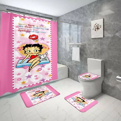 $61.95 • Buy Betty Boop Pink  Shower Curtain Red Lips Bathroom Toilet Seat Cover & Rugs Set