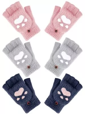 3 Pairs Winter Fingerless Gloves Warm Convertible Mittens Flap Cover Cat Paw Glo • $15.99