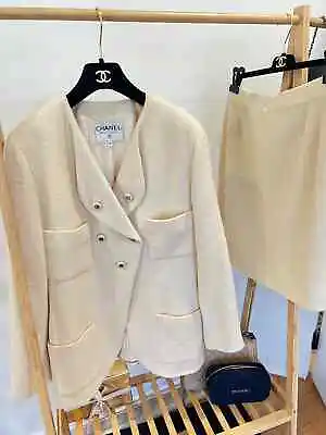 Chanel Boutique Tweed Gold Cc Logo Button Skirt Suit Fr46 Us14 • $1600