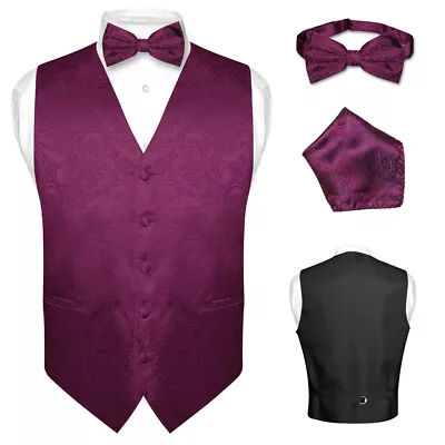 Men's Dress VEST Bow Tie EGGPLANT PURPLE PAISLEY Design For Tux BowTie Hanky Set • $27.95