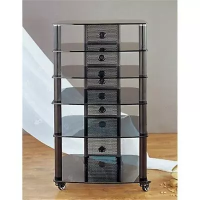 VTI Manufacturing NGR406BB Black Poles 6 Black Glass Shelves AV Stand • $687.61