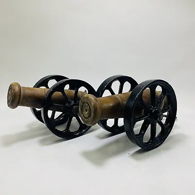 Vintage Pair Metal With Engraved Wood Cannon Moving Wheels CARRIAGE Rear Wave • $35