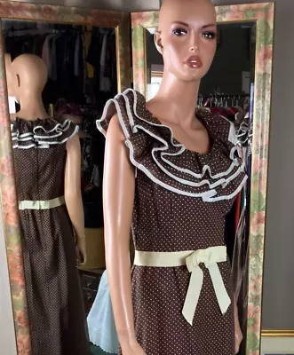 Vtg 1960s Miss Elliette Maxi Dress Sz 4/6 Ruffled Brown & White Polkadot Collar • $45