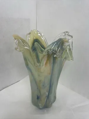Vintage Murano Italy Swirled 12” Venetian Hand Blown Glass Crown Top Vase • $74.99
