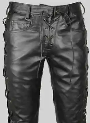 Men's Leather Side Laces Pants Genuine Real Leather Plain Leather Biker Trousers • £79.99