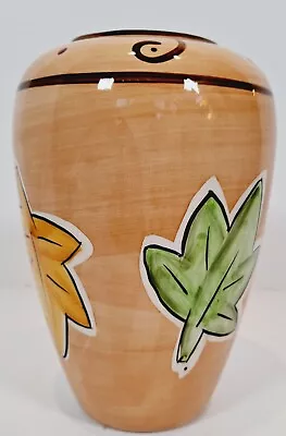 Ceramic Vase Floral Design 8  Botanical Decor Orange Green Leaves Glossy Finish • $13.95