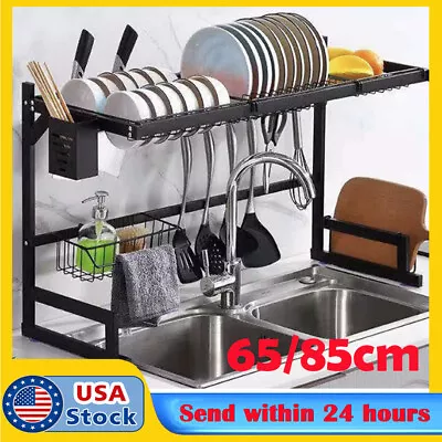 Over Sink Dish Drying Rack 2-Tier Stainless Steel Kitchen Shelf Cutlery Drainer • $46.45