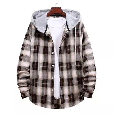 Mens Flannel Plaid Hoodie Shirts Jacket Casual Button Down Long Sleeve • $20.99