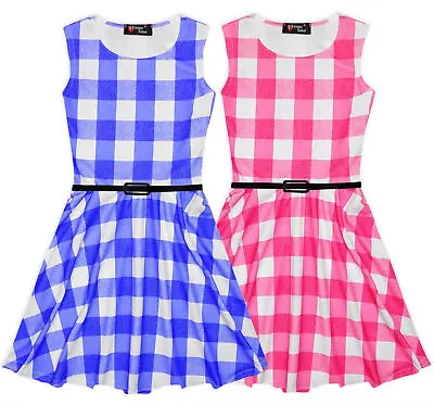 Girls Skater Dress Summer Party Dresses Holiday Girl Pink Check Age 7-13 Years • £4.99