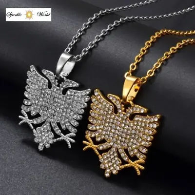 Classic Gold Silver Plated Albanian Eagle Cubic Zircon Pendant Necklace Gift • £12.99
