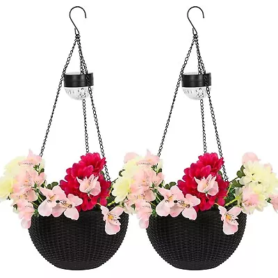 2 X Rattan Effect Solar Hanging Basket Lights Flower Planter Garden Spot Light • £19.99